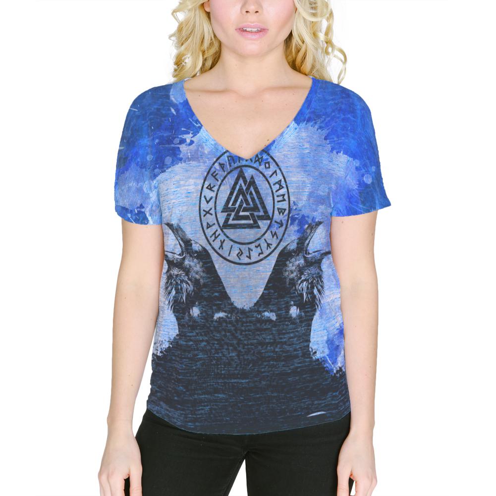 Huginn and Muninn Odin's Ravens Blue Splatter Women's Slouchy V-Neck T Shirt Women's T-Shirts Old Glory 2XL Blue 