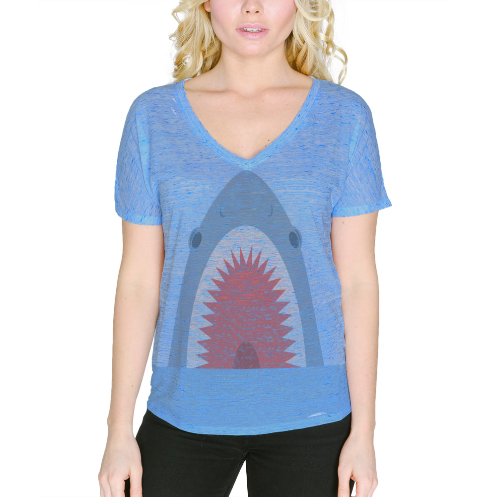Cute Shark Attack Women's Slouchy V-Neck T Shirt Women's T-Shirts Old Glory LG Blue Marble 