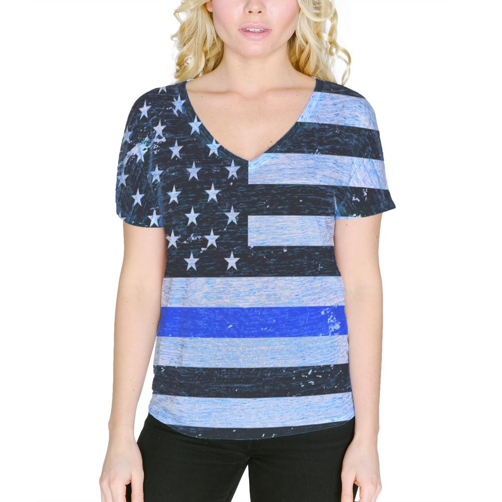 Distressed Thin Blue Line American Flag Women's Slouchy V-Neck T Shirt Women's T-Shirts Old Glory 2XL Blue Marble 