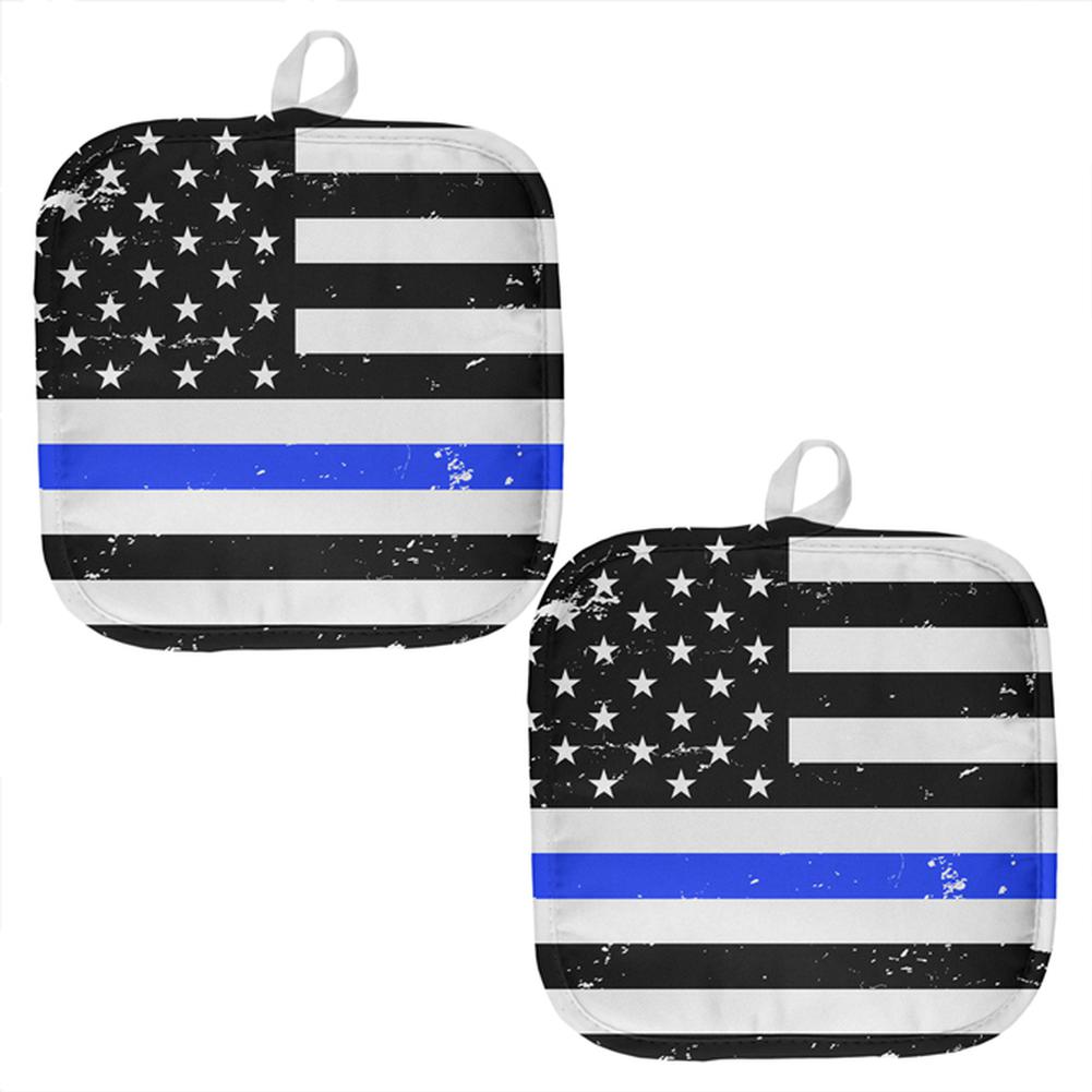 Distressed Thin Blue Line American Flag All Over Pot Holder (Set of 2) Pot Holders Old Glory OS Multi 