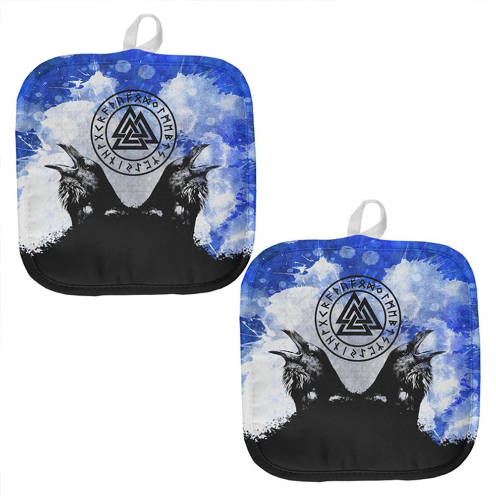 Huginn and Muninn Odin's Ravens Blue Splatter All Over Pot Holder (Set of 2) Pot Holders Old Glory OS Multi 