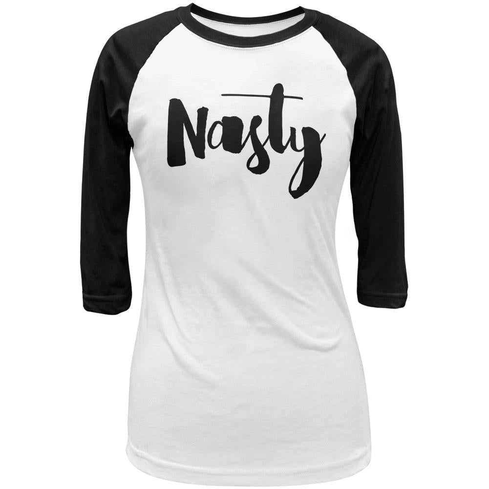 Script Cursive Nasty Woman Juniors 3/4 Sleeve Raglan T Shirt Juniors Raglans Old Glory LG White-Black 