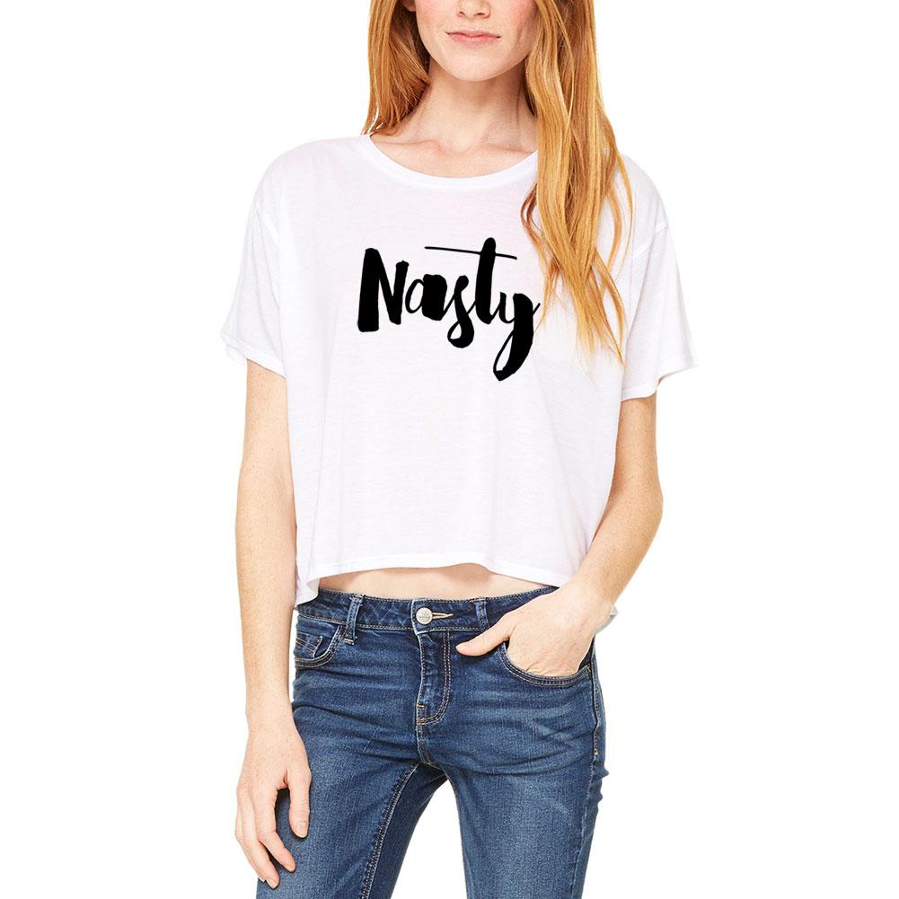 Script Cursive Nasty Woman Juniors Boxy T Shirt Juniors T-Shirts Old Glory LG White 