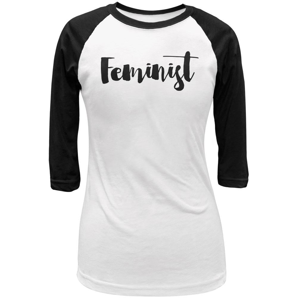 Script Cursive Feminist Juniors 3/4 Sleeve Raglan T Shirt Juniors T-Shirts Old Glory LG White-Black 