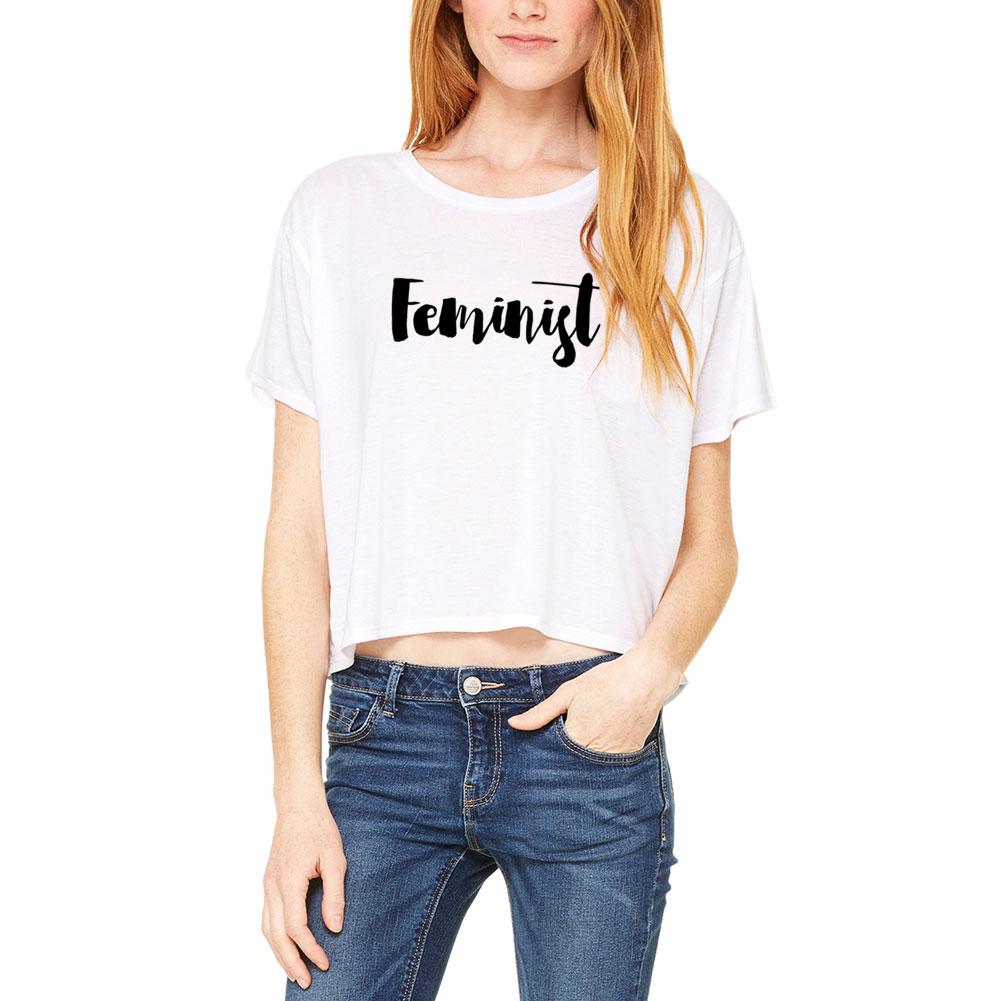 Script Cursive Feminist Juniors Boxy T Shirt Juniors T-Shirts Old Glory LG White 