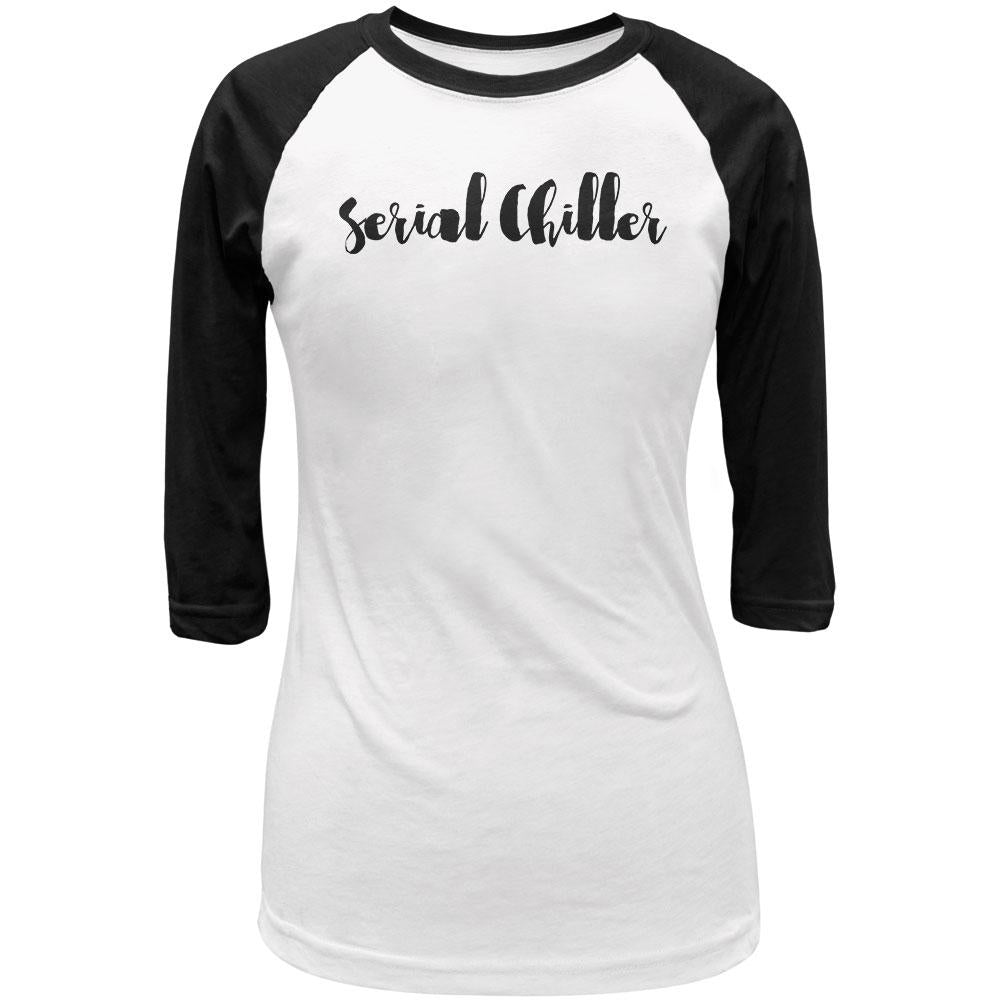 Script Cursive Serial Chiller Juniors 3/4 Sleeve Raglan T Shirt Juniors T-Shirts Old Glory LG White-Black 