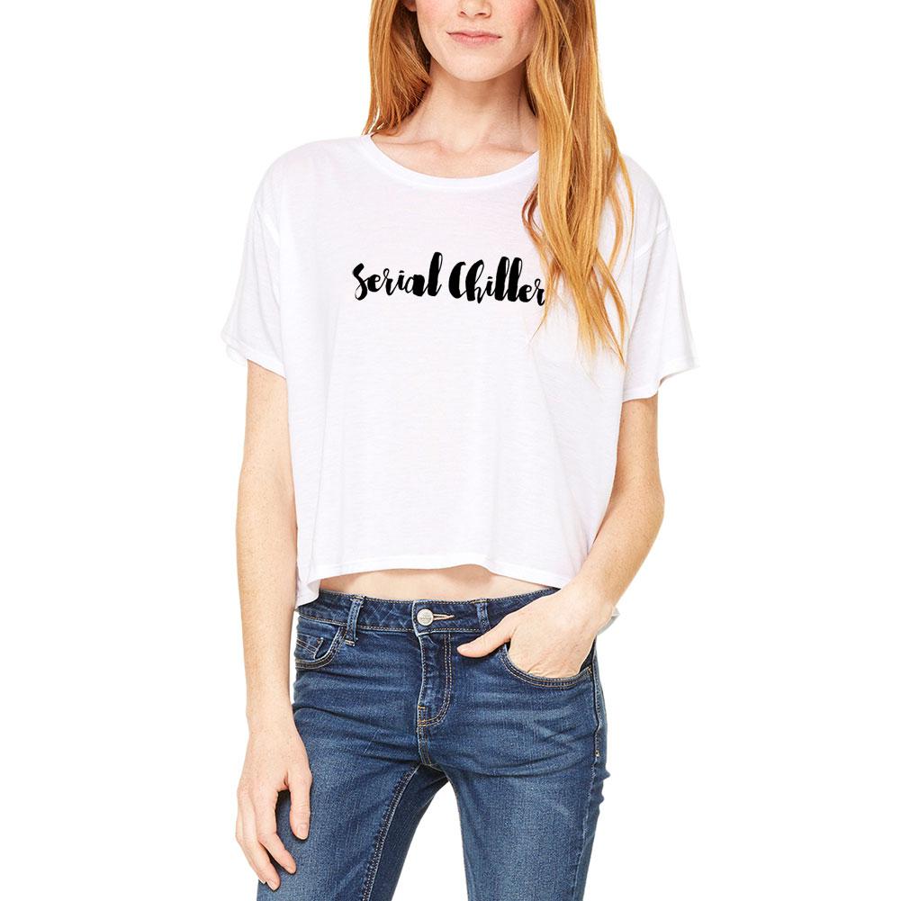 Script Cursive Serial Chiller Juniors Boxy T Shirt Juniors T-Shirts Old Glory LG White 