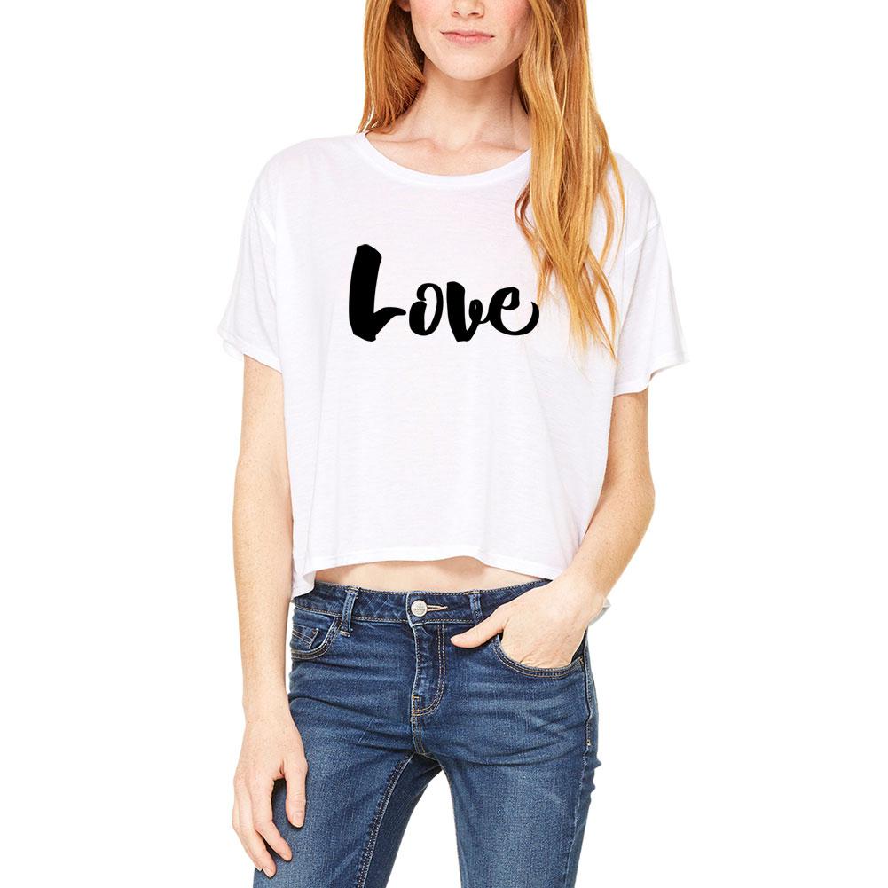 Script Cursive Love Juniors Boxy T Shirt Juniors T-Shirts Old Glory LG White 