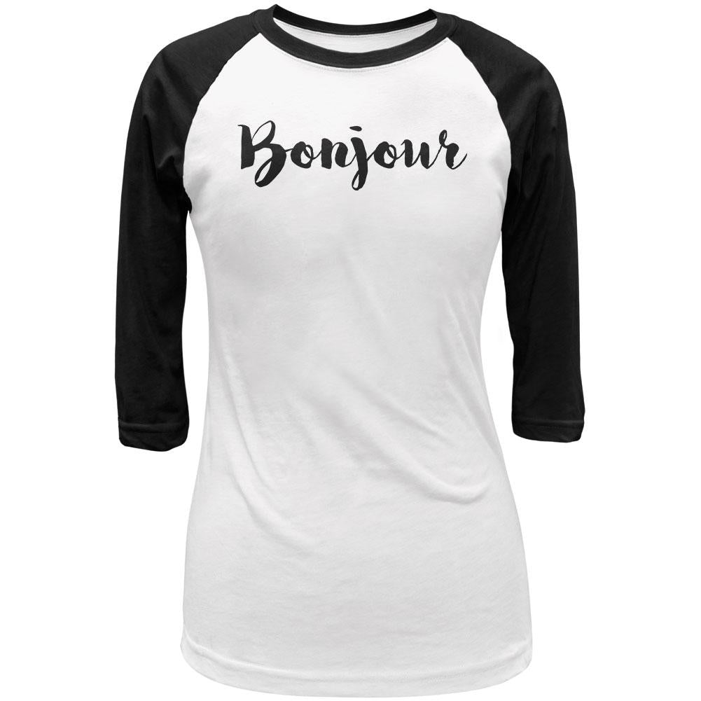 Script Cursive Bonjour Juniors 3/4 Sleeve Raglan T Shirt Juniors T-Shirts Old Glory LG White-Black 