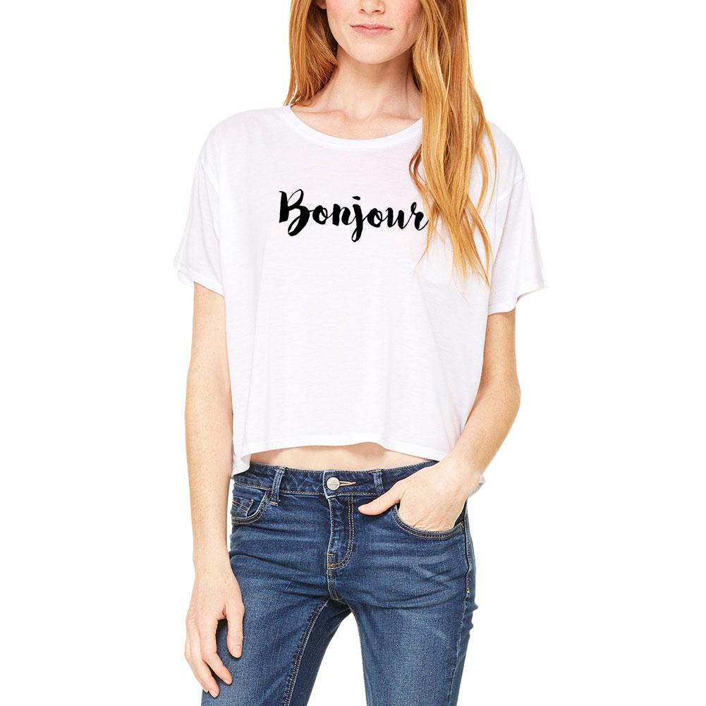 Script Cursive Bonjour Juniors Boxy T Shirt Juniors T-Shirts Old Glory LG White 