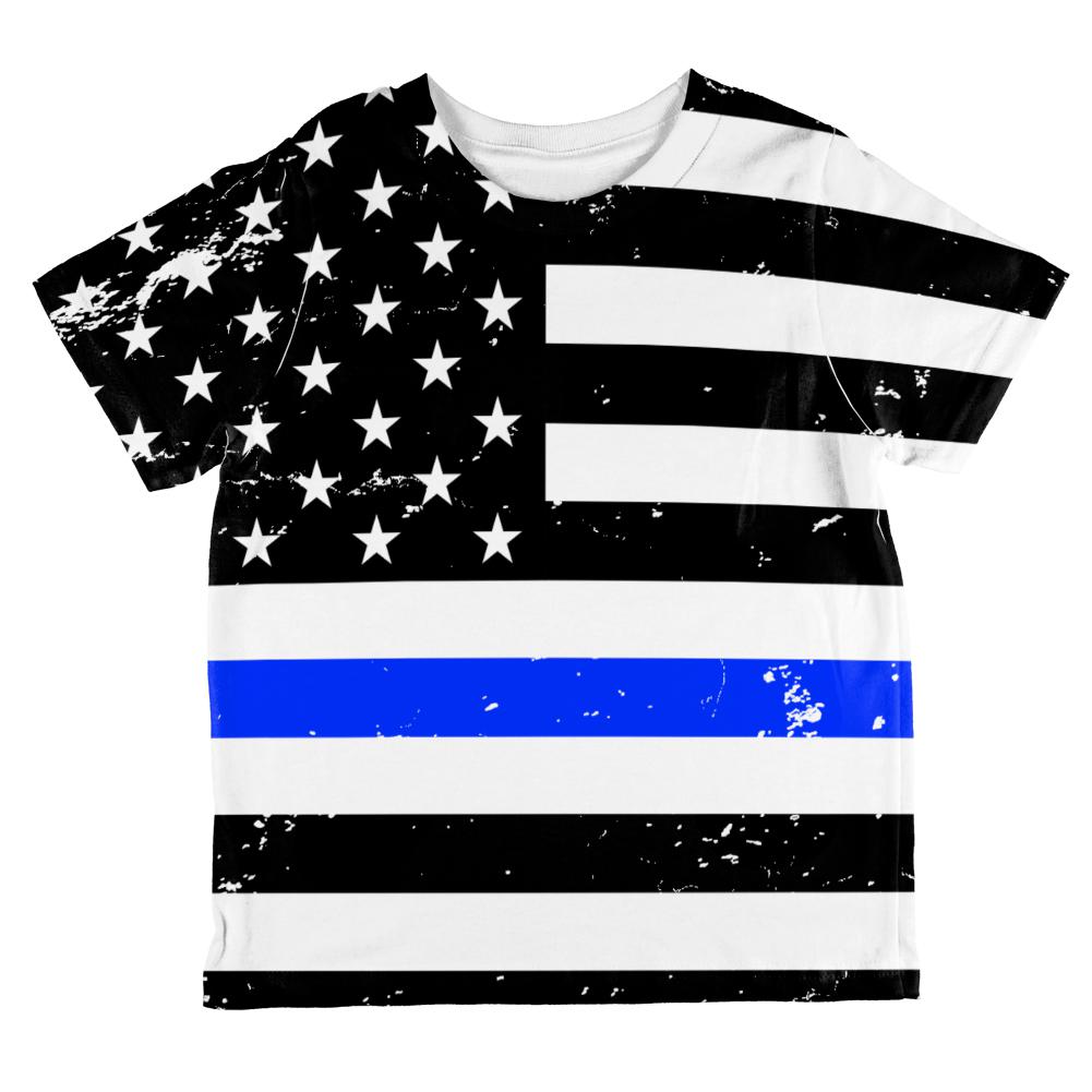 Distressed Thin Blue Line American Flag All Over Toddler T Shirt Toddler T-Shirts Old Glory 2T Multi 