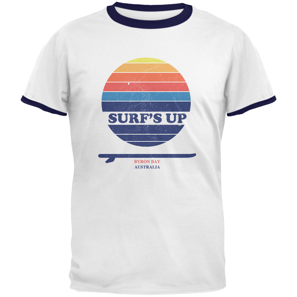 Surf's Up Byron Bay Australia Mens Ringer T Shirt Men's T-Shirts Old Glory 2XL White-Navy 