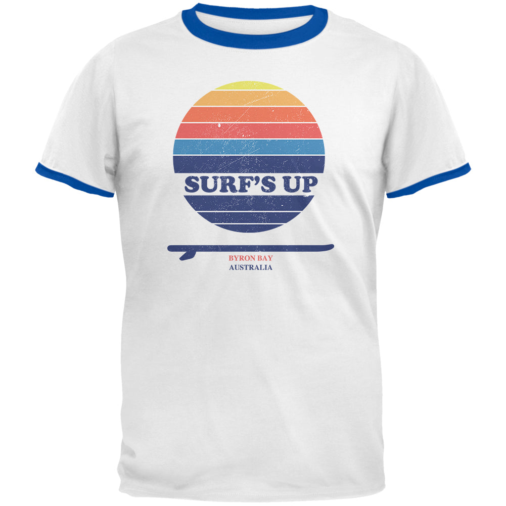 Surf's Up Byron Bay Australia Mens Ringer T Shirt Men's T-Shirts Old Glory 2XL White-Royal 