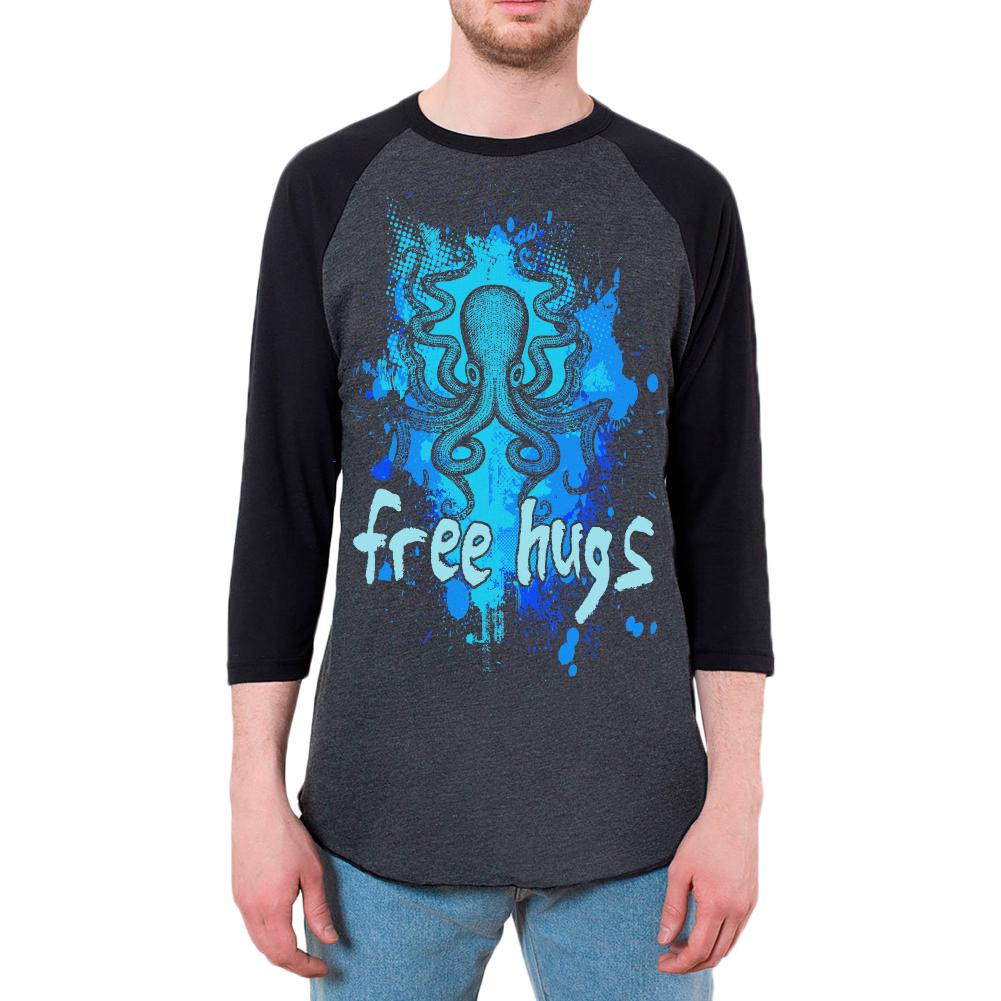 Kraken Octopus Free Hugs Funny Adult Long Sleeve Raglan T-Shirt Men's Raglans Old Glory 2XL Heather Black-Black 