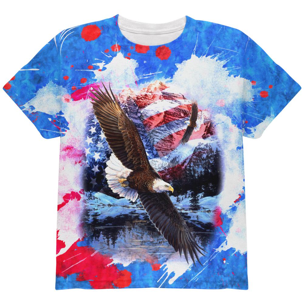 4th of July American Flag Bald Eagle Splatter All Over Youth T Shirt Youth T-Shirts Old Glory LG Multi 