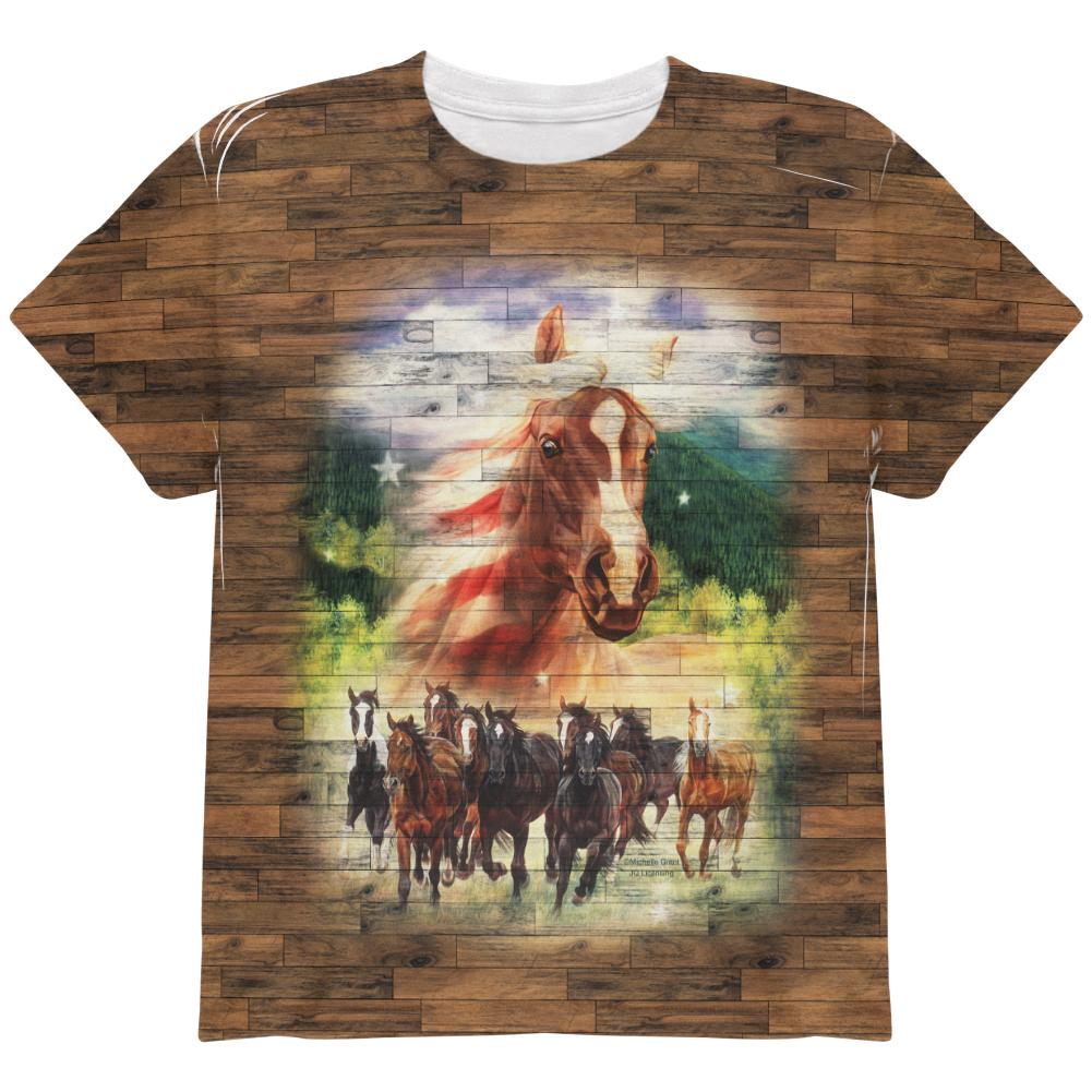 4th of July American Flag Wild Horse Mustang Patriot All Over Youth T Shirt Youth T-Shirts Old Glory LG Multi 