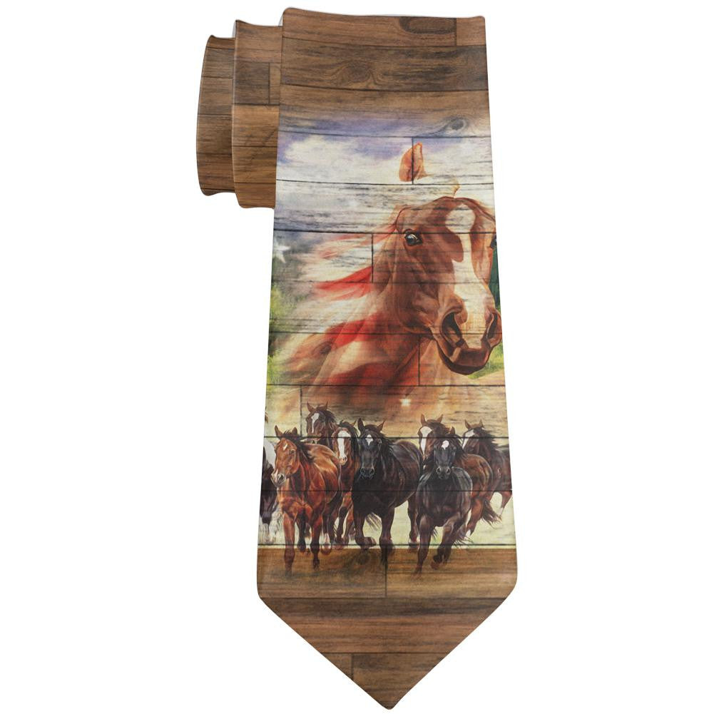 4th of July American Flag Wild Horse Mustang Patriot All Over Neck Tie Ties Old Glory OS Multi 