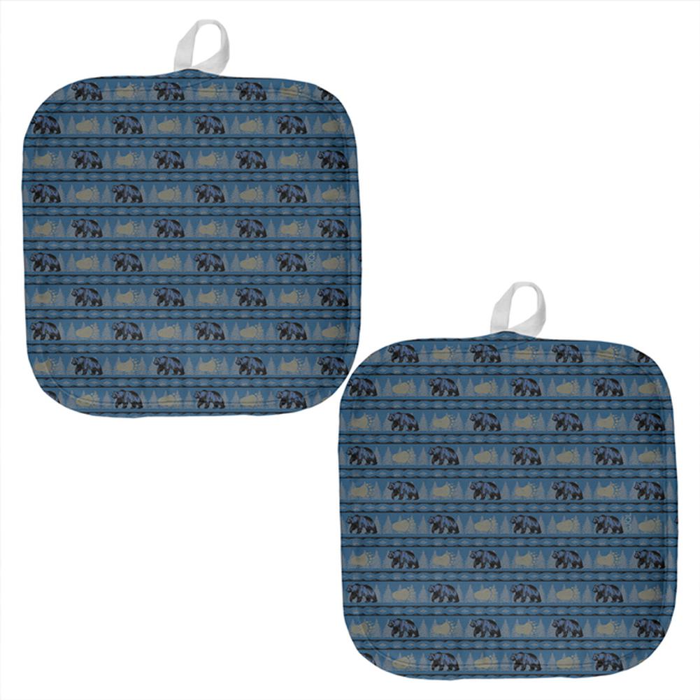 Grizzly Bear Pattern Blue All Over Pot Holder (Set of 2) Pot Holders Old Glory OS Multi 