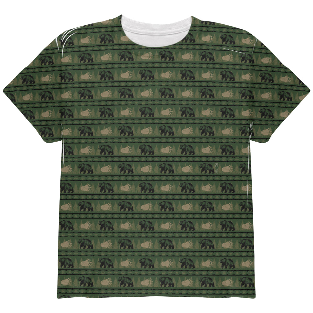 Grizzly Bear Pattern Green All Over Youth T Shirt Youth T-Shirts global YLG Multi 