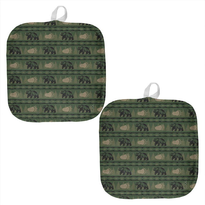 Grizzly Bear Pattern Green All Over Pot Holder (Set of 2) Pot Holders global OS Multi 