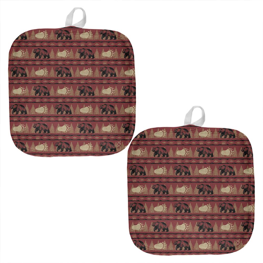 Grizzly Bear Pattern Red All Over Pot Holder (Set of 2) Pot Holders Old Glory OS Multi 