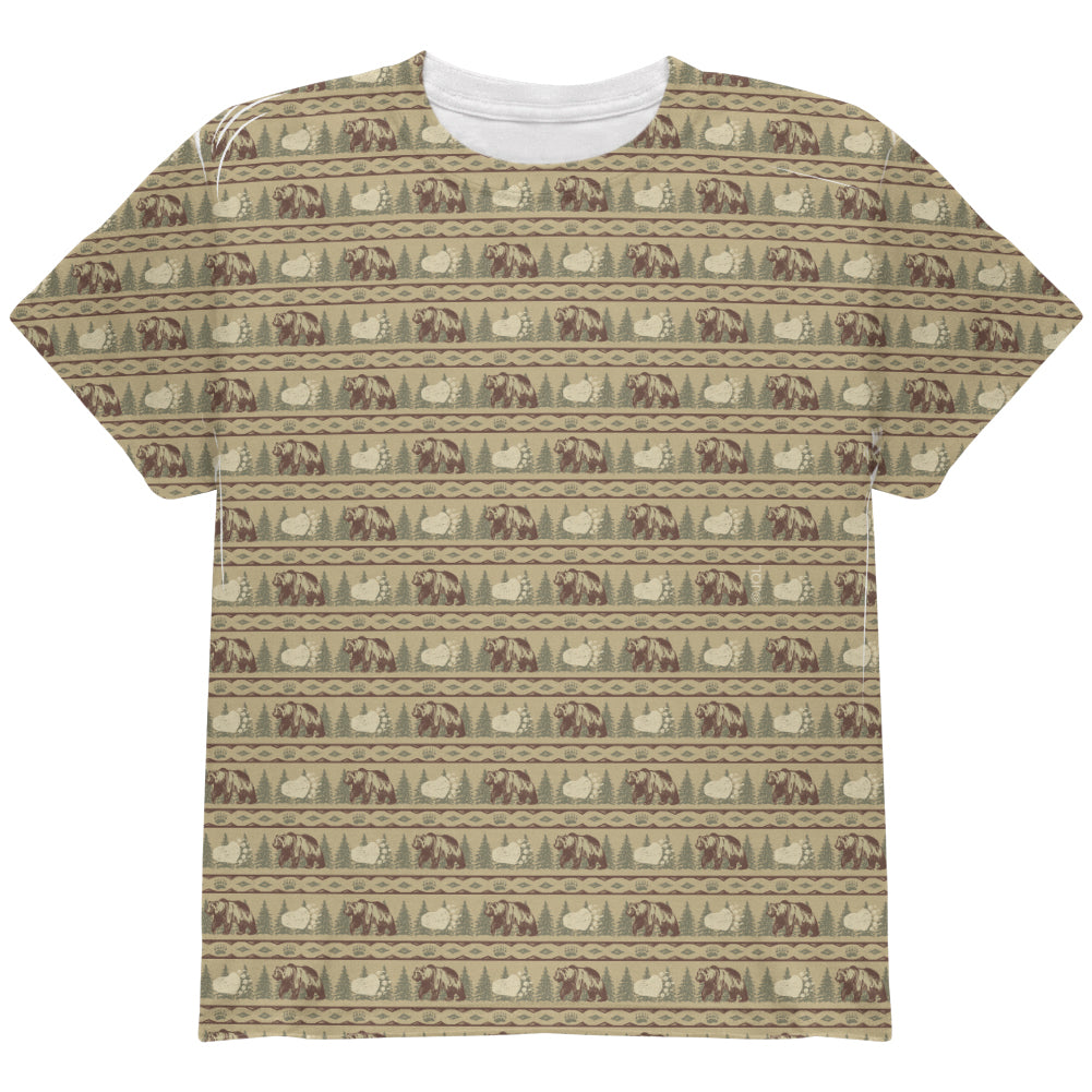 Grizzly Bear Pattern Tan All Over Youth T Shirt Youth T-Shirts global YLG Multi 