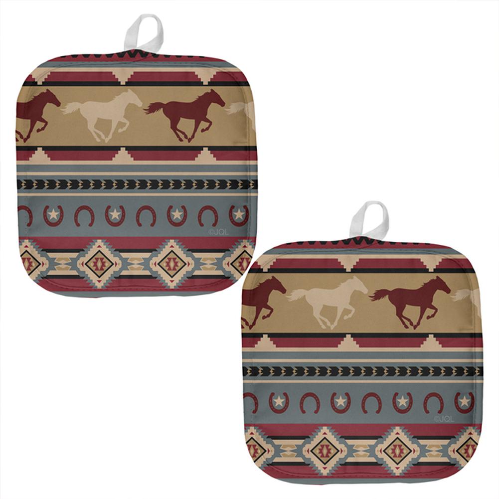 Southwestern Wild Horse Mustang Pattern All Over Pot Holder (Set of 2) Pot Holders Old Glory OS Multi 