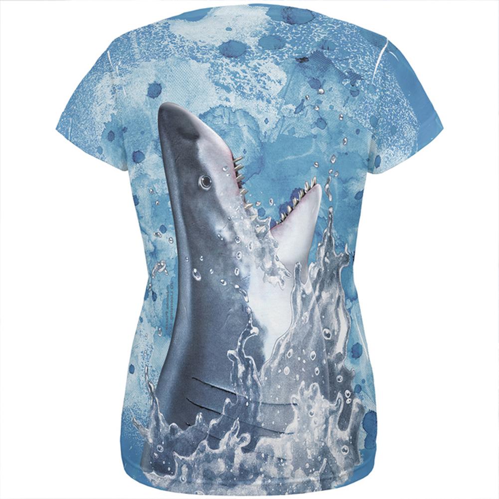 Hungry Great White Shark Breaching All Over Womens T Shirt Women's T-Shirts Old Glory   