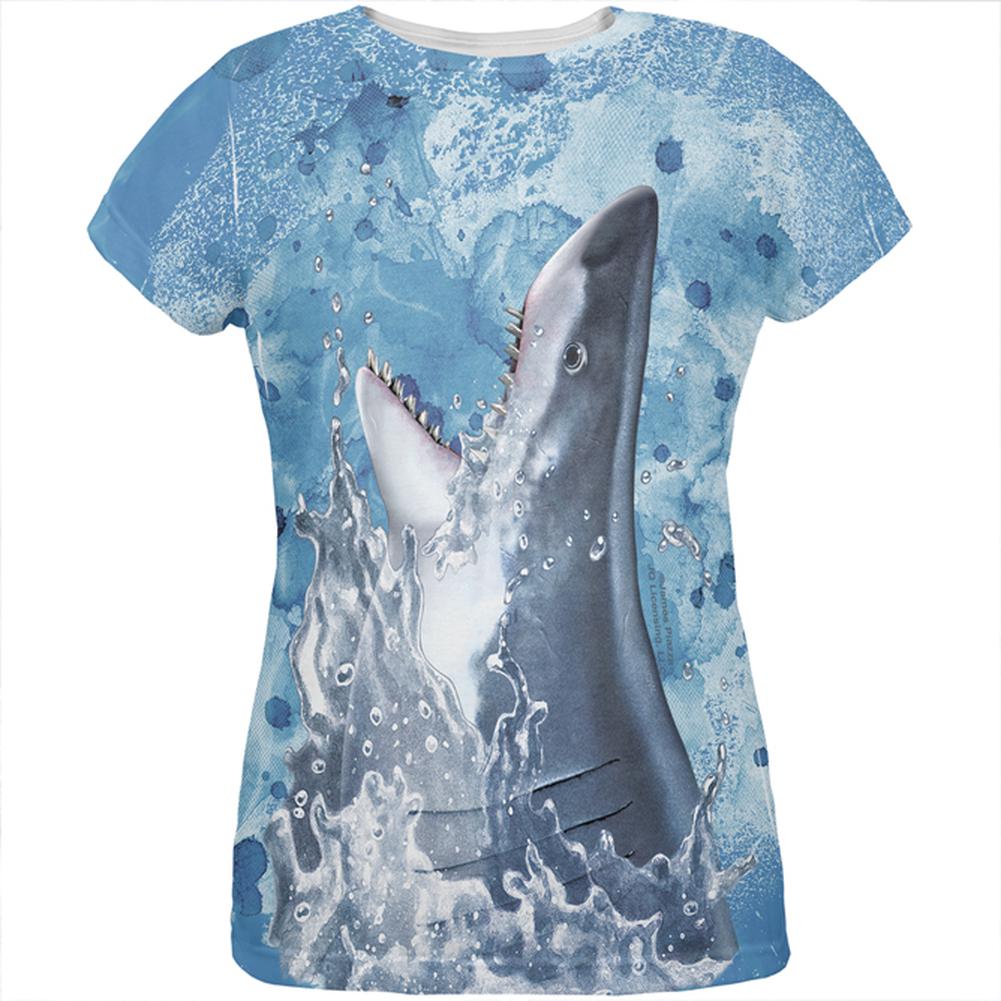 Hungry Great White Shark Breaching All Over Womens T Shirt Women's T-Shirts Old Glory 2XL Multi 