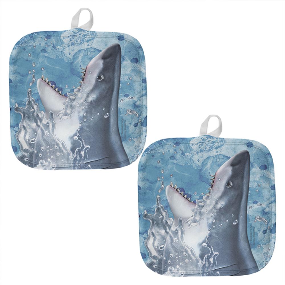 Hungry Great White Shark Breaching All Over Pot Holder (Set of 2) Pot Holders Old Glory OS Multi 