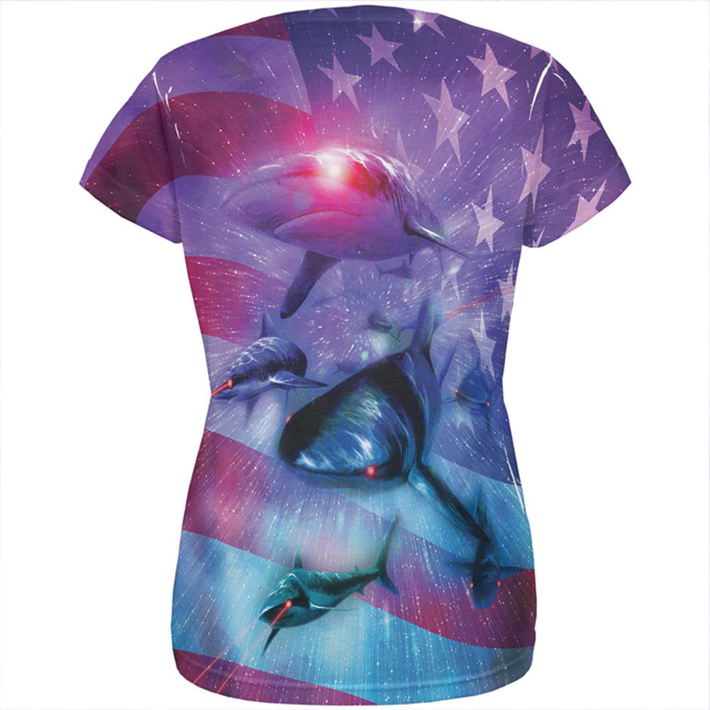 July 4th Patriotic American Galaxy Laser Sharks All Over Womens T Shirt Women's T-Shirts Old Glory   