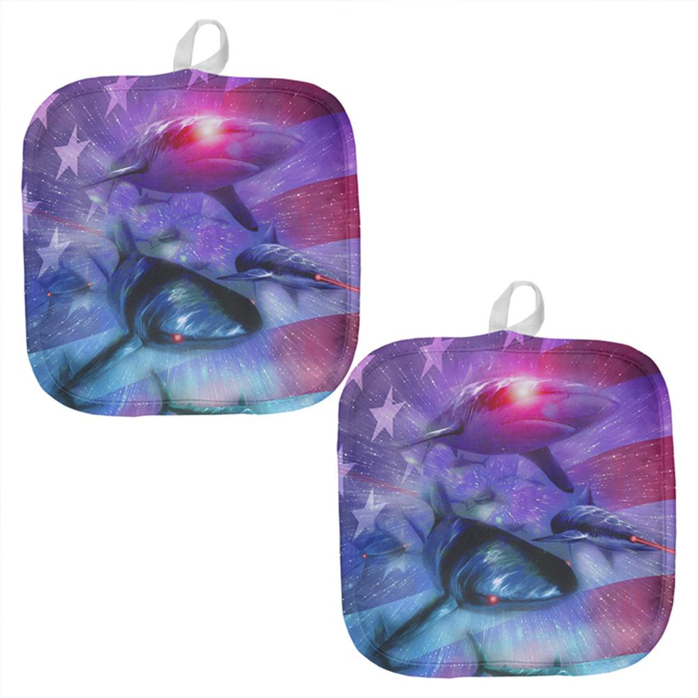 July 4th Patriotic American Galaxy Laser Sharks All Over Pot Holder (Set of 2) Pot Holders & Oven Mitts Old Glory OS Multi 