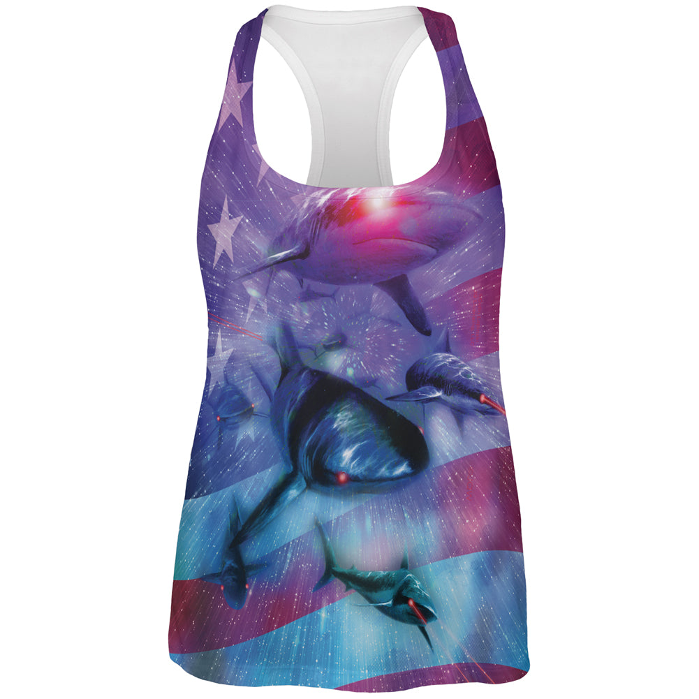 July 4th Patriotic American Galaxy Laser Sharks All Over Womens Work Out Tank Top Women's Tank Tops 4th of July 2XL Multicolor 