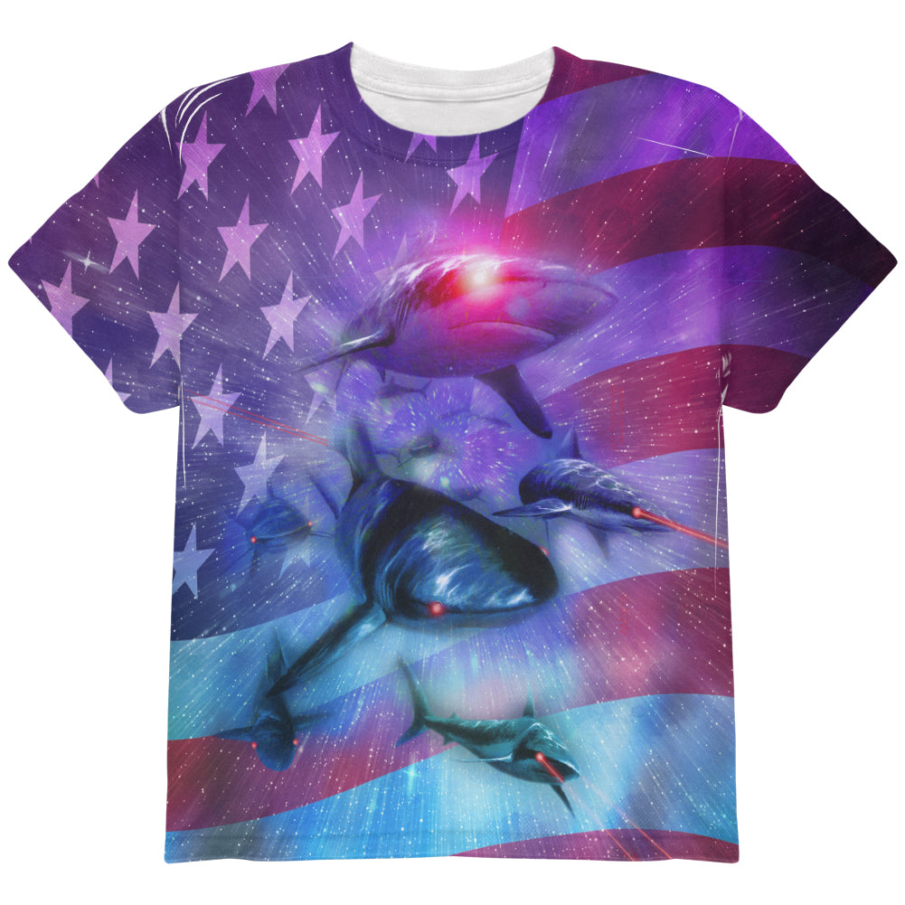 July 4th Patriotic American Galaxy Laser Sharks All Over Youth T Shirt Youth T-Shirts 4th of July YLG Multicolor 