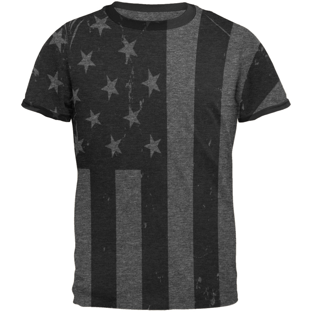 July 4th Black And White American Flag Mens Ringer T Shirt Men's T-Shirts Old Glory LG Dark Heather 