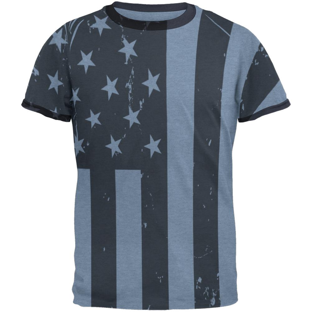 July 4th Black And White American Flag Mens Ringer T Shirt Men's T-Shirts Old Glory 2XL Heather Blue-Navy 