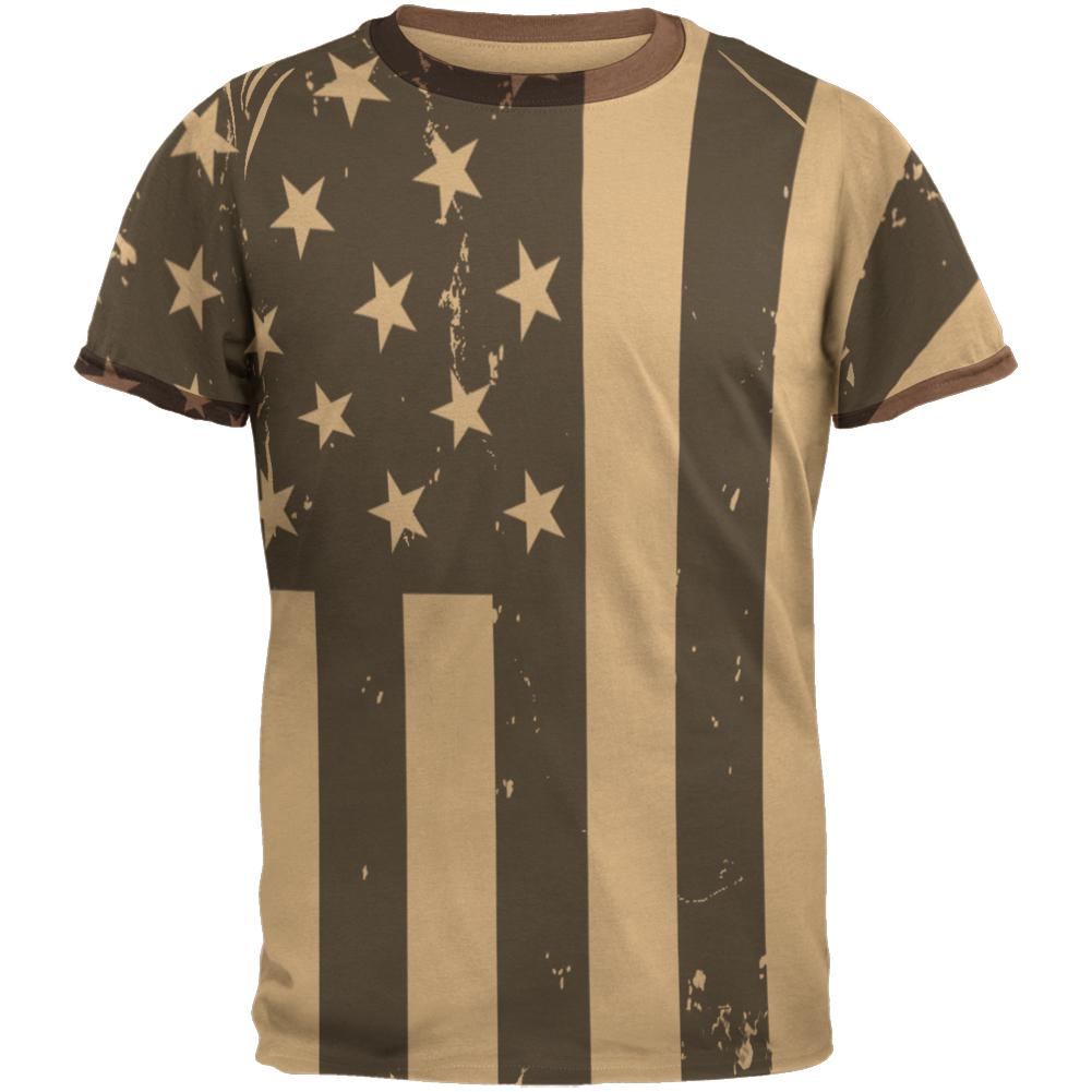 July 4th Black And White American Flag Mens Ringer T Shirt Men's T-Shirts Old Glory 2XL Tan-Brown 