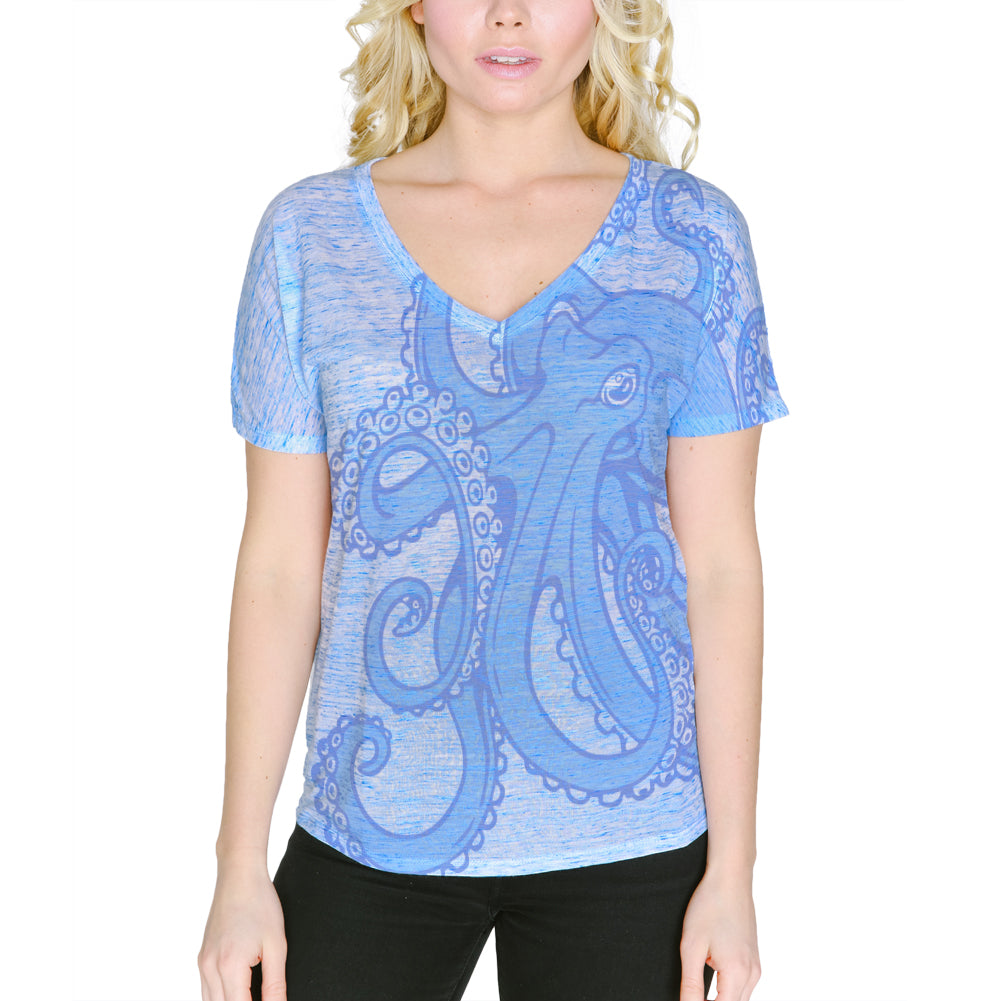 Blue Octopus Ink Women's Slouchy V-Neck T Shirt Women's T-Shirts Old Glory 2XL Blue Marble 