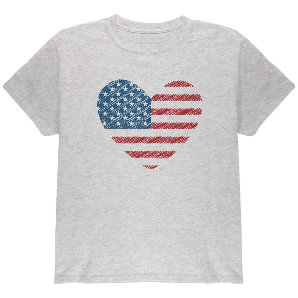 4th of July Scribble American Flag Heart Youth T Shirt Youth T-Shirts Old Glory LG Light Heather Grey 