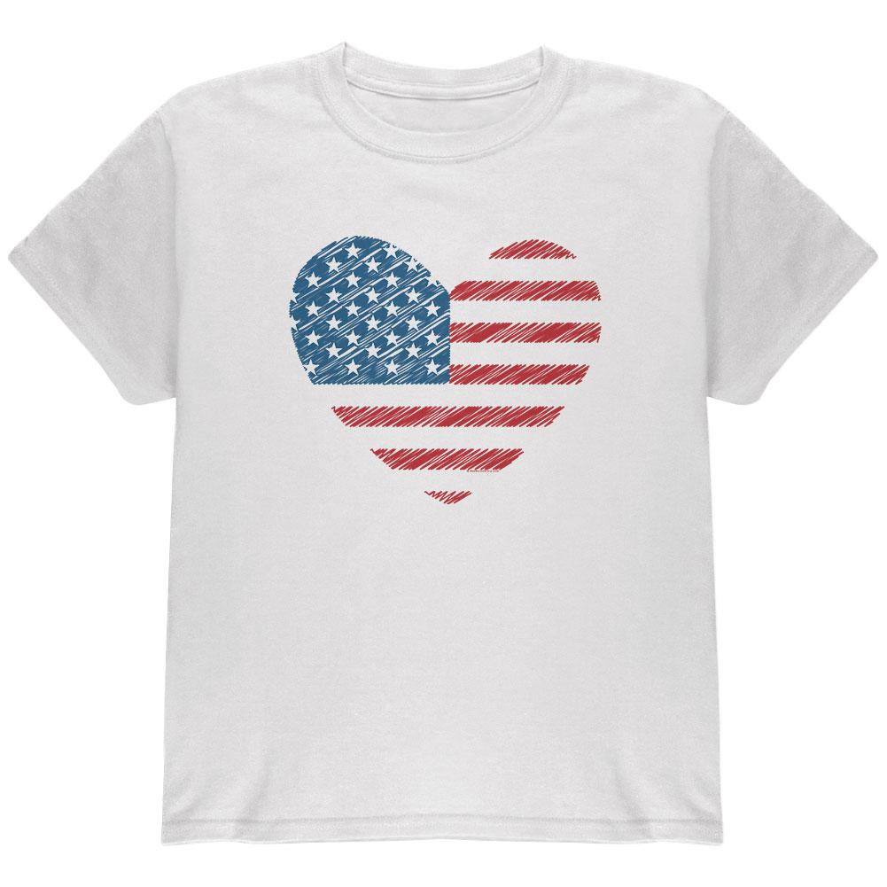 4th of July Scribble American Flag Heart Youth T Shirt Youth T-Shirts Old Glory LG White 