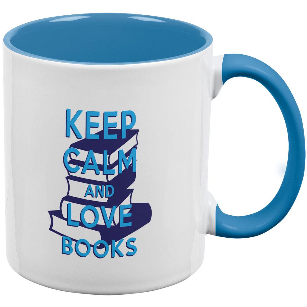 Keep Calm and Love Books Aqua Handle Coffee Mug Coffee Mugs Old Glory OS White/Light Blue 