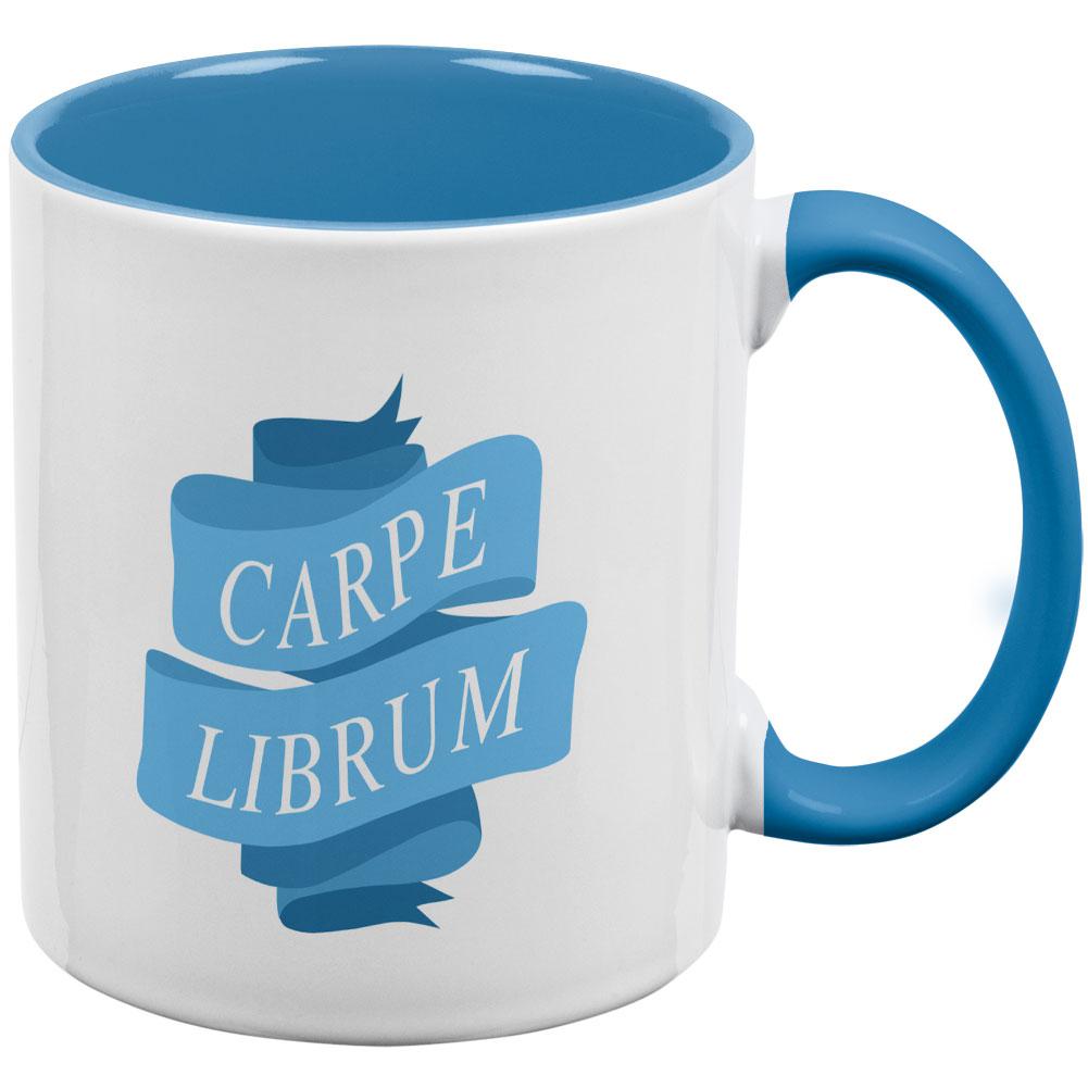 Carpe Librum Seize the Book Banner Aqua Handle Coffee Mug Coffee Mugs Old Glory OS White/Light Blue 