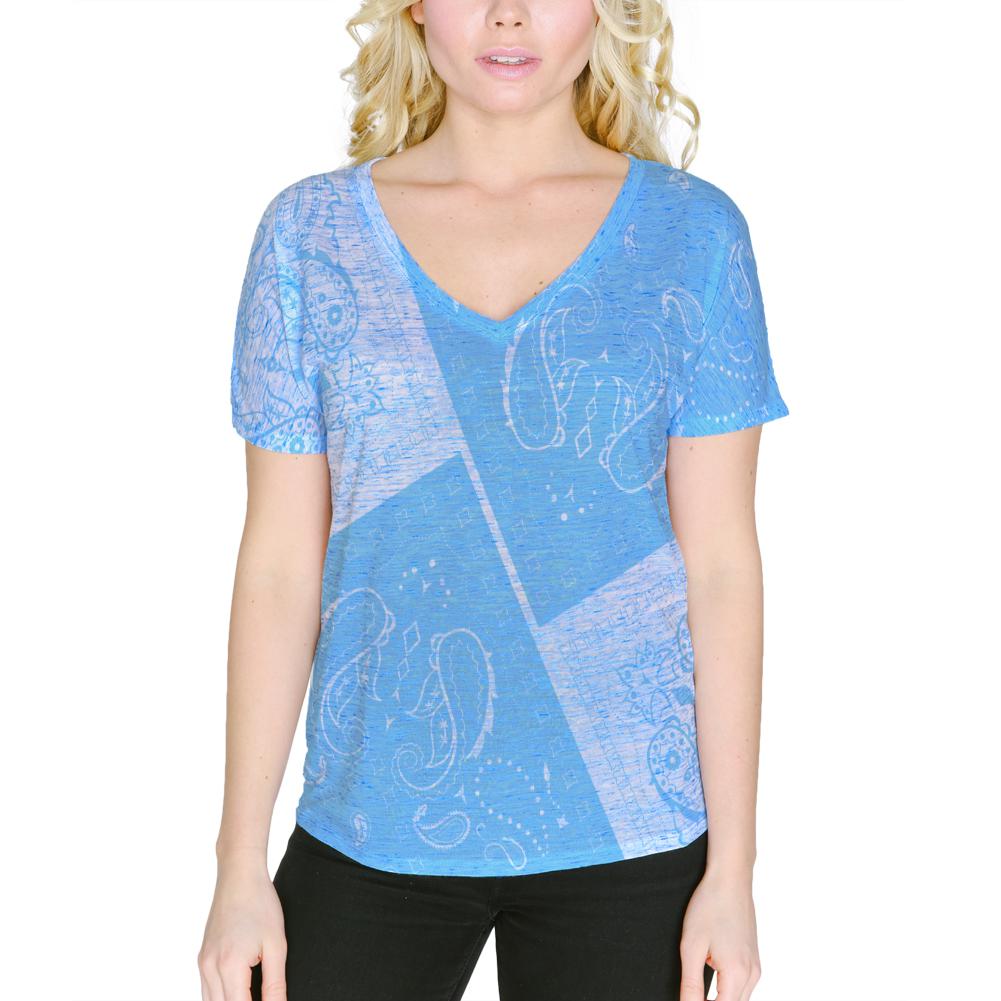 Blue Paisley Bandana Women's Slouchy V-Neck T Shirt Women's T-Shirts Old Glory 2XL Blue Marble 