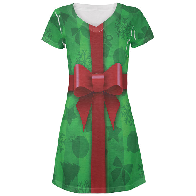 Green Christmas Present Costume All Over Juniors Beach Cover-Up Dress Juniors Dresses Old Glory LG Multicolored 