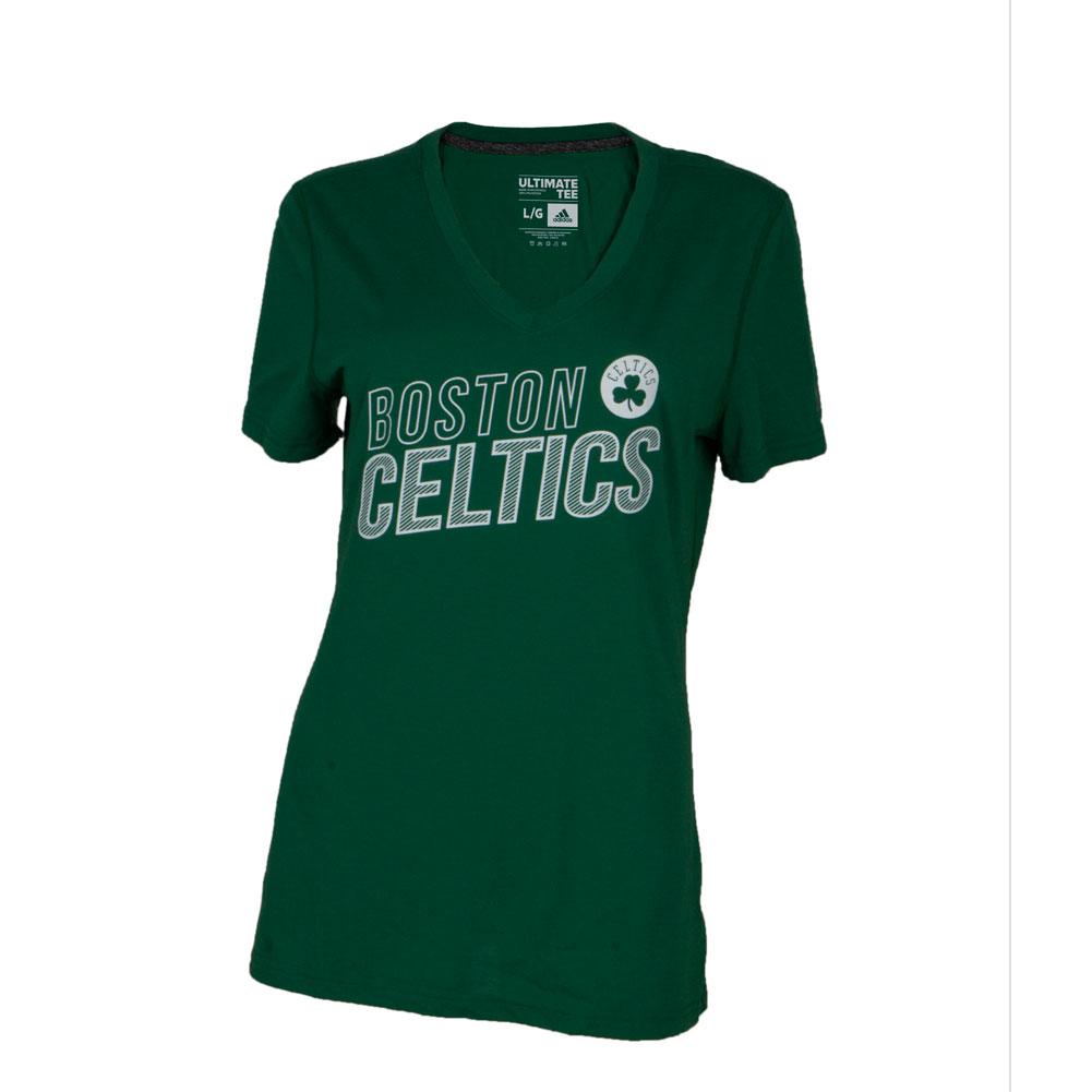 Boston Celtics - Striped Logo Adidas Womens T Shirt Women's T-Shirts Boston Celtics SM Green 