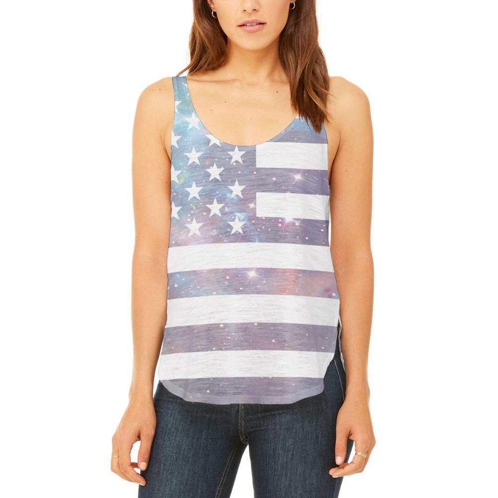 4th of July Galaxy American Flag USA Juniors Flowy Side Slit Tank Top Juniors Tank Tops Old Glory 2XL Multi 