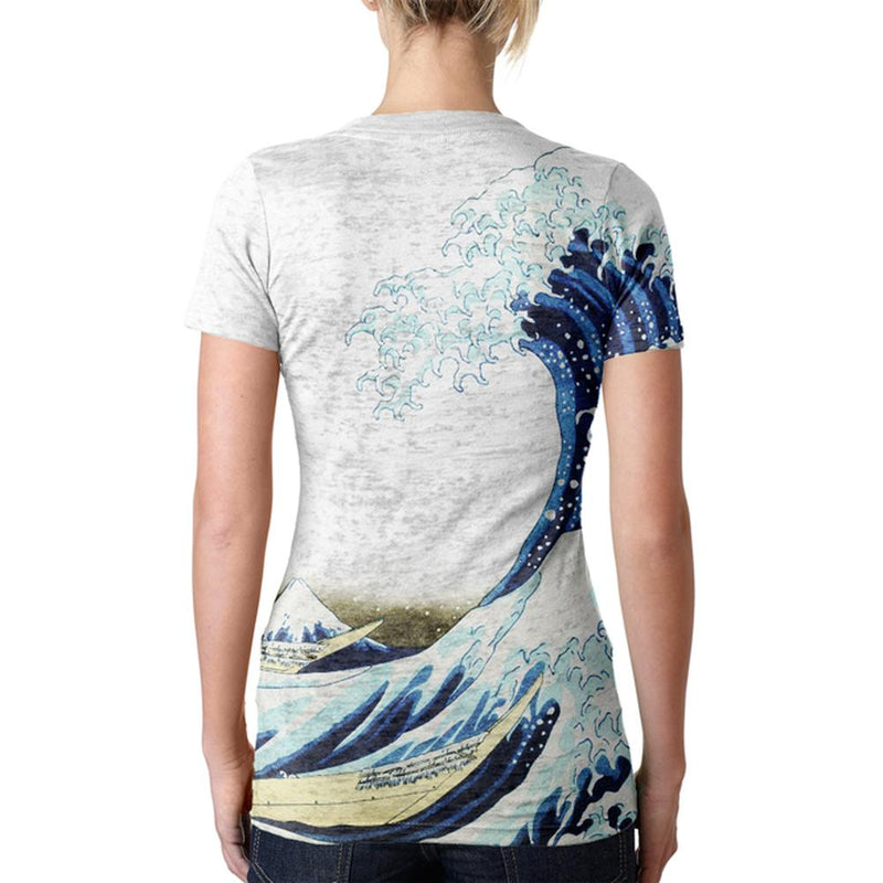 Great Wave Tsunami Japanese Painting Vintage Juniors Burnout V-Neck T-Shirt Juniors T-Shirts Old Glory   