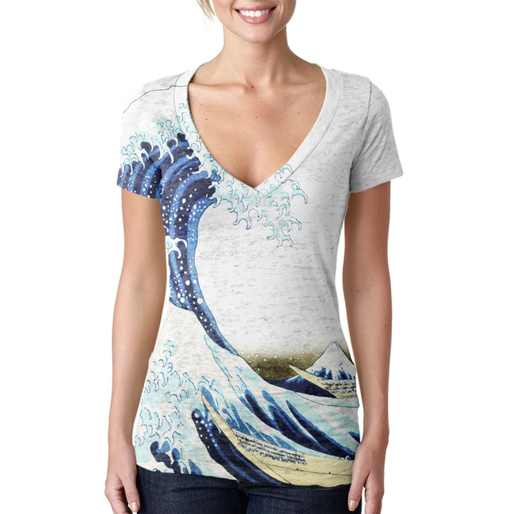 Great Wave Tsunami Japanese Painting Vintage Juniors Burnout V-Neck T-Shirt Juniors T-Shirts Old Glory LG Multi 