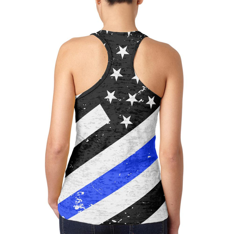 Distressed Thin Blue Line American Flag Vintage Juniors Burnout Racerback Tank Top Juniors Tank Tops Old Glory   