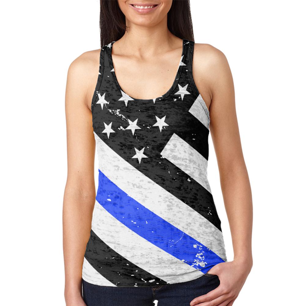 Distressed Thin Blue Line American Flag Vintage Juniors Burnout Racerback Tank Top Juniors Tank Tops Old Glory 2XL Multi 